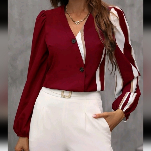 Tops - Color Block Button Front Blouse Women Shirt